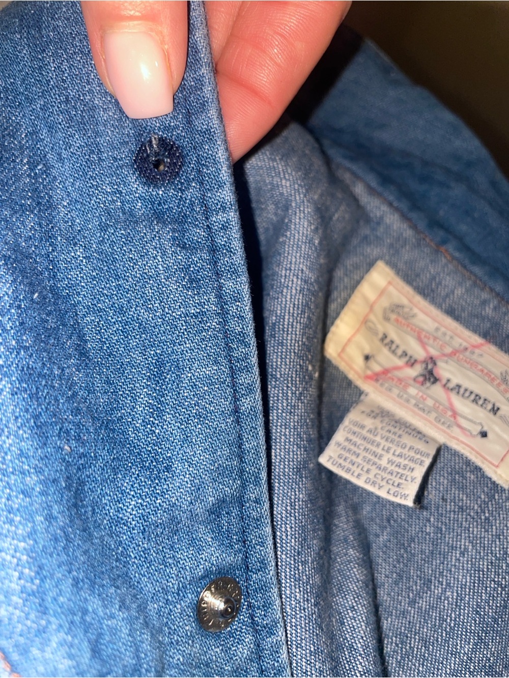 Ralph Lauren Vintage 100% Cotton Smiley Pocket Denim Snap Shirt - Picture 9 of 11
